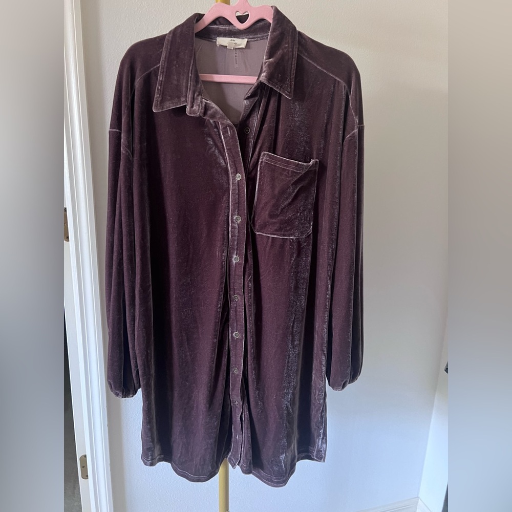Entro Velvet Long Sleeve Button-Up Tunic Mauve Brown Dress EUC Small